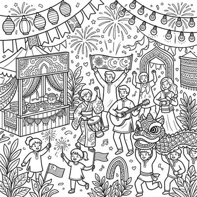 Immerse yourself in a vibrant scene of cultural diversity and festive cheer. This detailed coloring page invites you to bring a global celebration to life with your favorite colors.