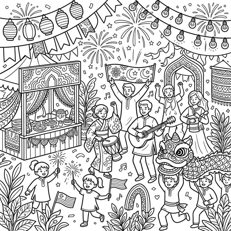 Immerse yourself in a vibrant scene of cultural diversity and festive cheer. This detailed coloring page invites you to bring a global celebration to life with your favorite colors.