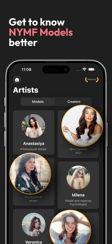 NYMF: Art Nude Female Beauty - Un'interfaccia mobile dall'app NYMF che mostra una galleria di modelle artistiche con le loro foto profilo e background professionali