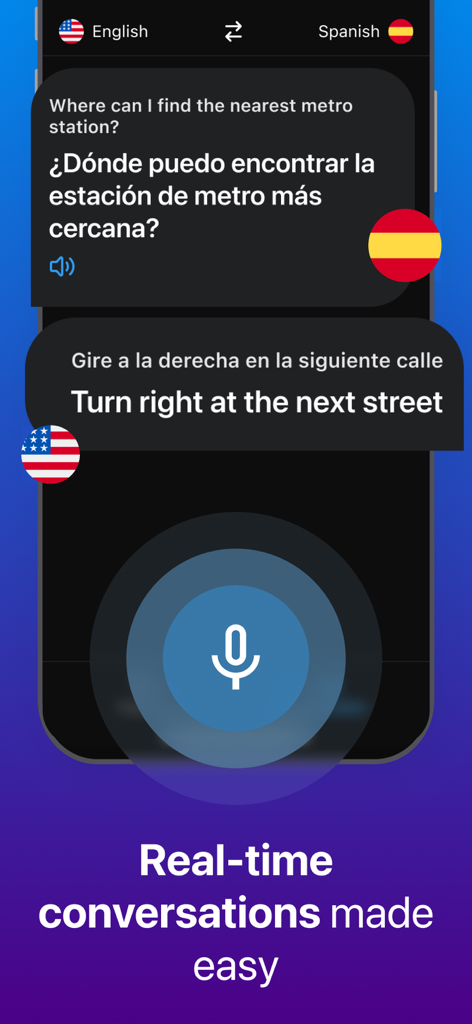 TalkNow - AI Translator - Smartphone screen showing a real-time voice translation conversation between English and Spanish with a large microphone button.