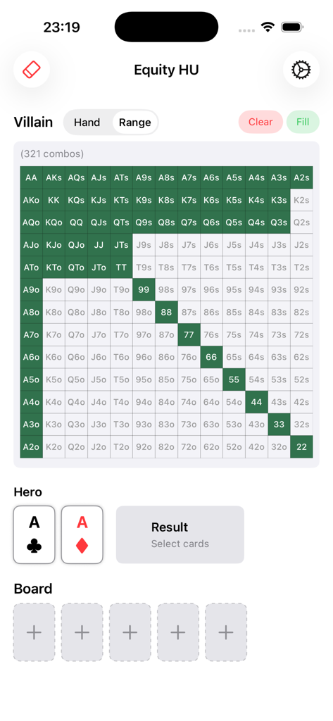 Oberfläche eines Poker-Hand-Range-Rechners und Equity-Rechners, die Villain-Ranges und Hero-Hole-Karten zeigt