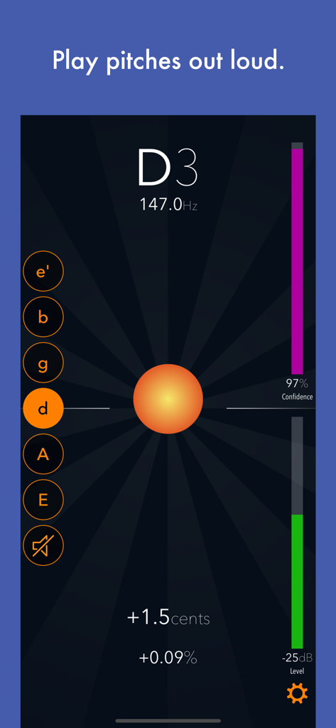 Tuna Pitch app showing a D3 note with 147.0 Hz frequency and precision tuning details in cents.
