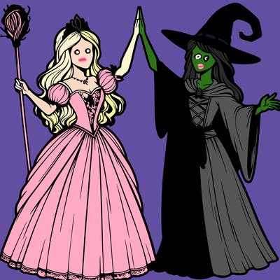 detailed realistic split of a princess and a witch