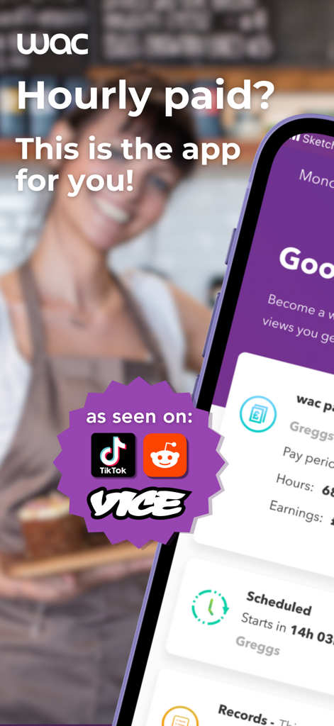 시간제 근로자를 위한 근무 시간 및 수입 추적을 위한 wac 앱 인터페이스를 보여주는 스마트폰 화면