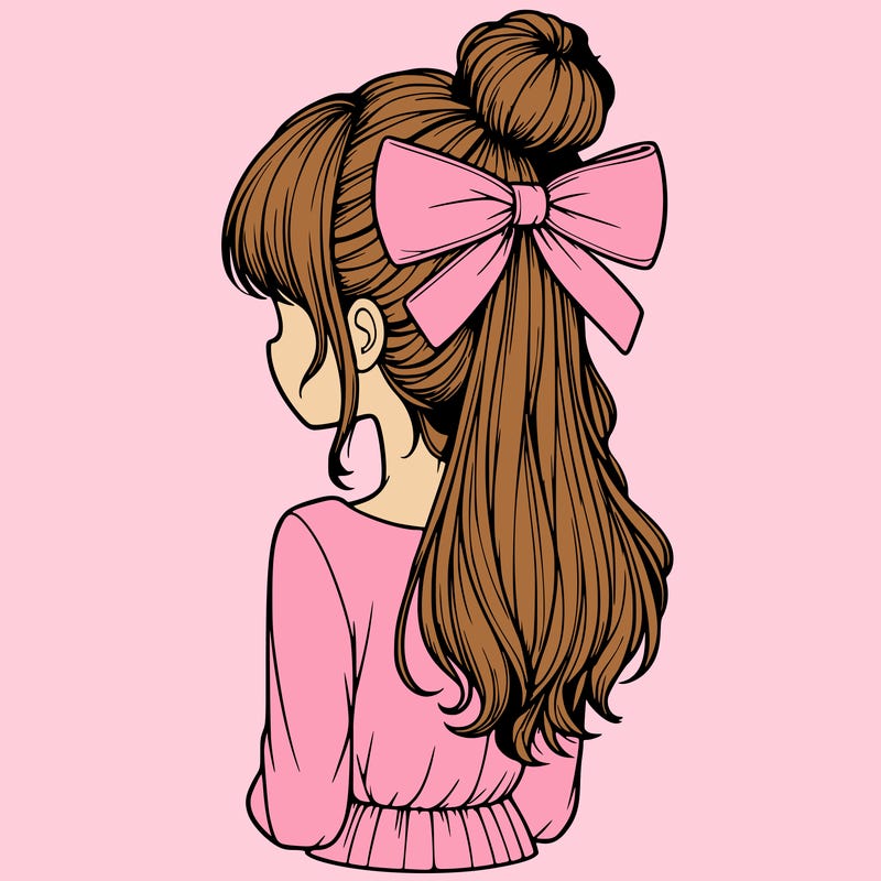 realistic girl  with hip length hair a bun and a big bow on the back of head