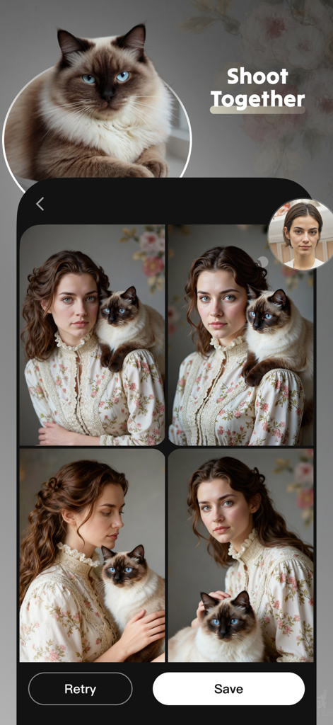 Meow AI: pet photo video maker - Cuatro retratos artísticos generados por IA de una mujer posando con su gato en un estilo clásico usando la aplicación Meow AI