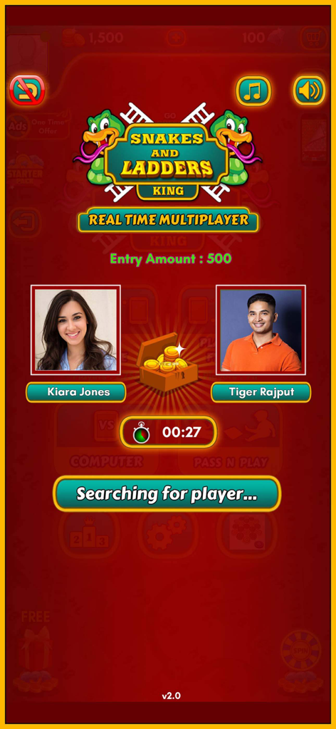 Snakes and Ladders King - Pantalla de emparejamiento multijugador en tiempo real en Rey de Serpientes y Escaleras mostrando a dos jugadores emparejados para una partida