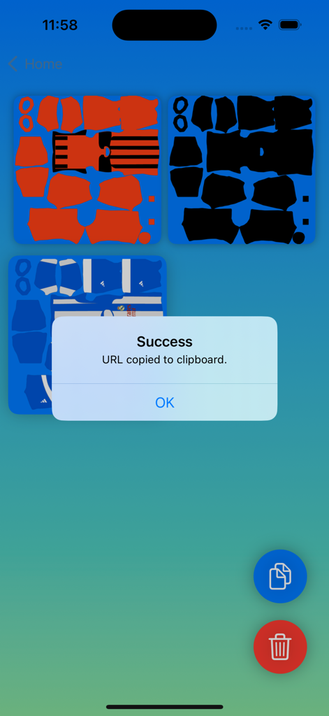 DREAM KITS SOOCER - Success popup for copying a soccer kit URL link in the editor app