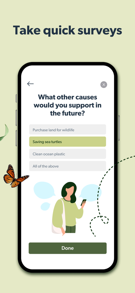 Mobile screen of the BRight app showing a survey about supporting environmental causes like saving sea turtles.