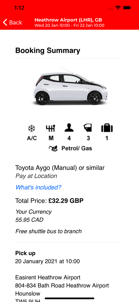 Easirent - Easirent app booking summary screen showing rental car details price and pickup location at Heathrow Airport