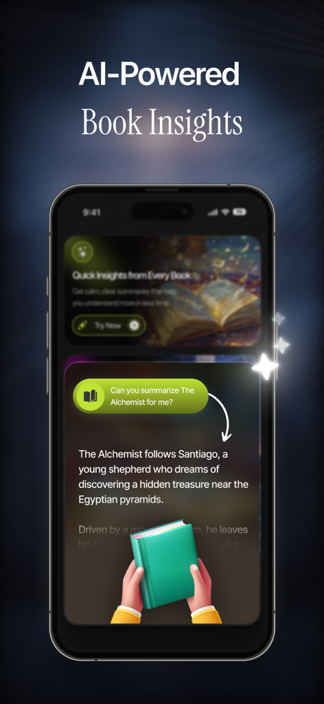 Pantalla de smartphone que muestra la función de resumen de libros impulsada por IA con un resumen de El Alquimista