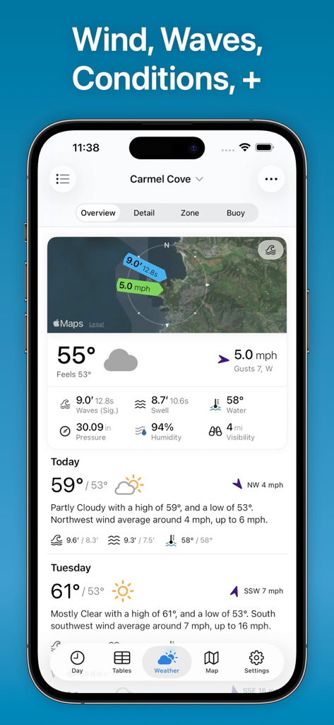 TidesPro: Tide Charts & Tables - TidesPro app interface showing marine weather forecast including wind and waves for Carmel Cove