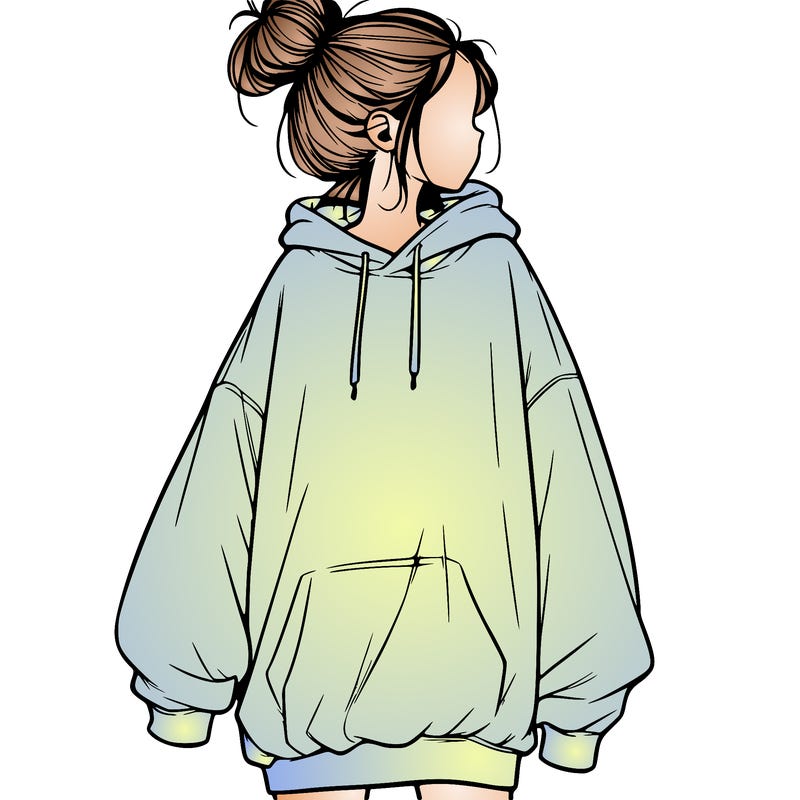 realistic girl with a oversized sweatshirt on and a bun