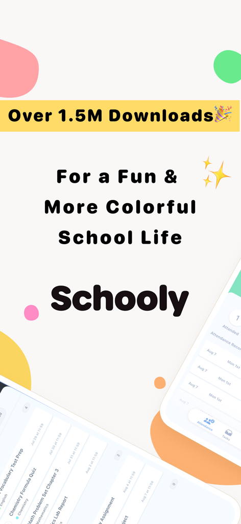 Schooly | School Planner - Werbebildschirm der Schooly-Schulplaner-App, der über eineinhalb Millionen Downloads und farbenfrohe akademische Organisationsfunktionen hervorhebt