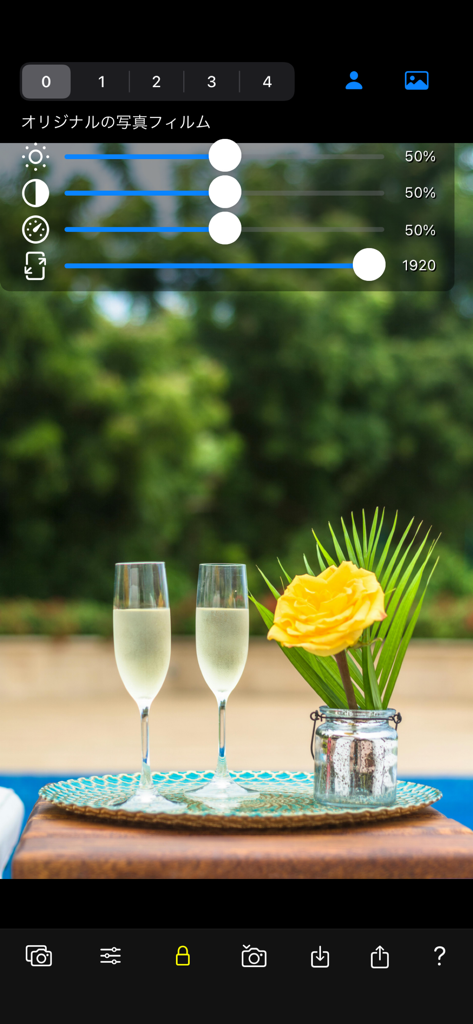 Color Focus Lens - Mobile photo editing app interface showing adjustment sliders for brightness and contrast over a picture of a yellow rose and champagne glasses