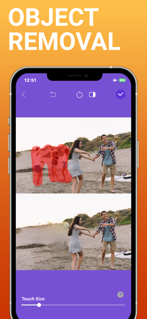 BeautyTune - Blemish Remover - Interfaz de la aplicación BeautyTune mostrando la herramienta de eliminación de objetos quitando personas del fondo de una foto de playa