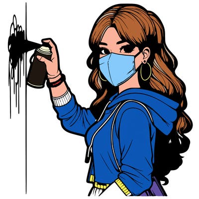 realistic girl with mask spray painting a wall