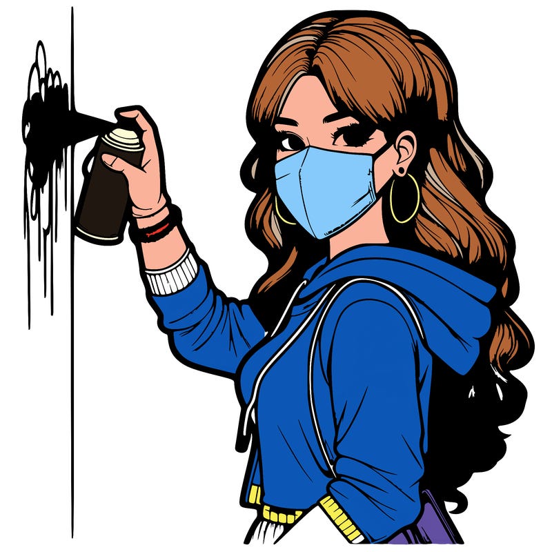 realistic girl with mask spray painting a wall