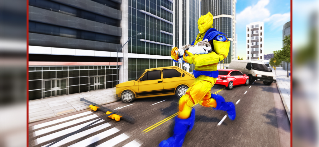 Superhero Fight:Mad City Story - A yellow and blue superhero running through city streets while holding a rescued kitten