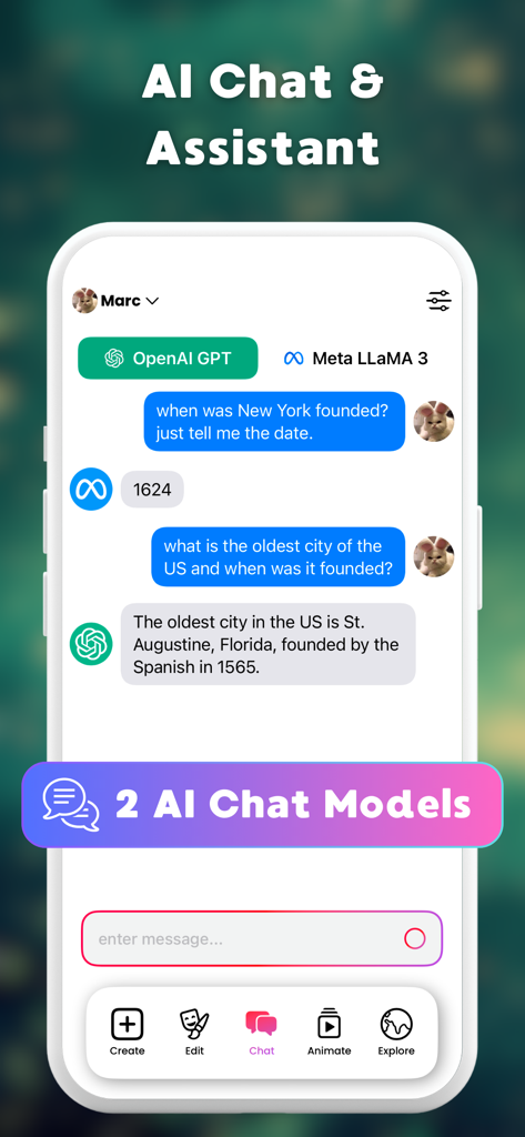 GPT 및 LLaMA 모델을 갖춘 AI 채팅 기능을 보여주는 LUNA 앱 인터페이스.