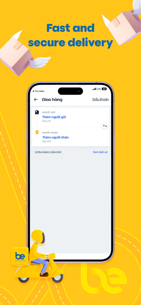Interfaccia del servizio di consegna dell'app Be con l'intestazione consegna rapida e sicura e un corriere su uno scooter.