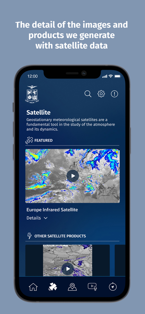 Meteo Aeronautica app satellite view showing infrared meteorological data of Europe.