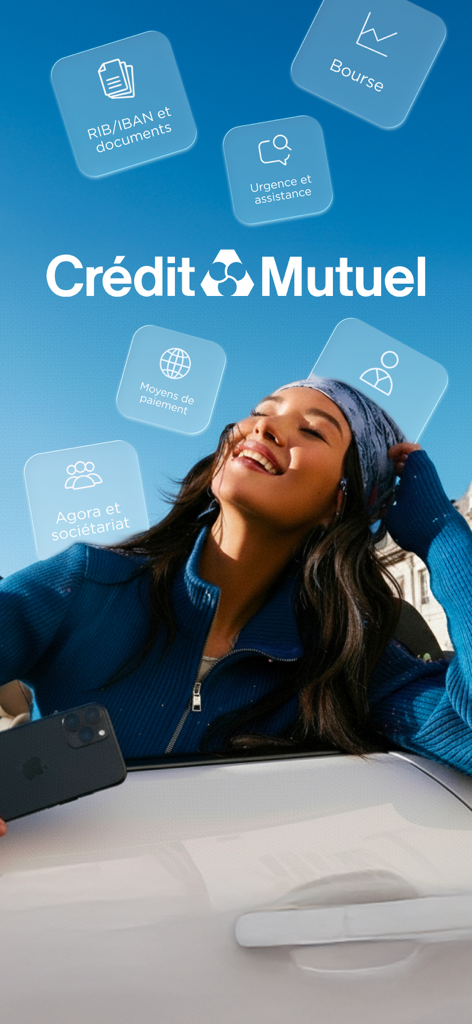 Crédit Mutuel Banque Assurance - 女性がCrédit Mutuelアプリを使用しており、銀行、保険、株価市場のサービスを紹介しています。