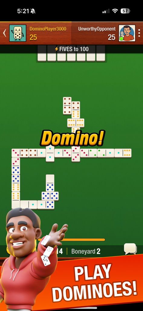 Tela de jogo de dominó multiplayer apresentando uma partida de Fives e um personagem de desenho animado