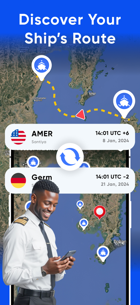App di tracciamento navi che visualizza una rotta di nave su una mappa con un capitano in uniforme