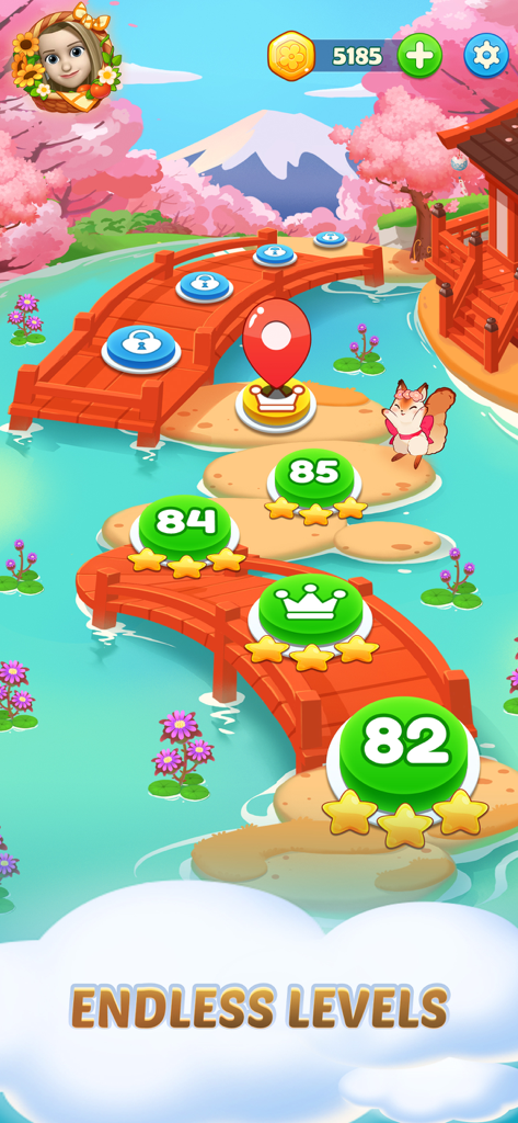 Progression map in Skip-Bo Solitaire mobile game showing endless levels in a scenic cherry blossom world.