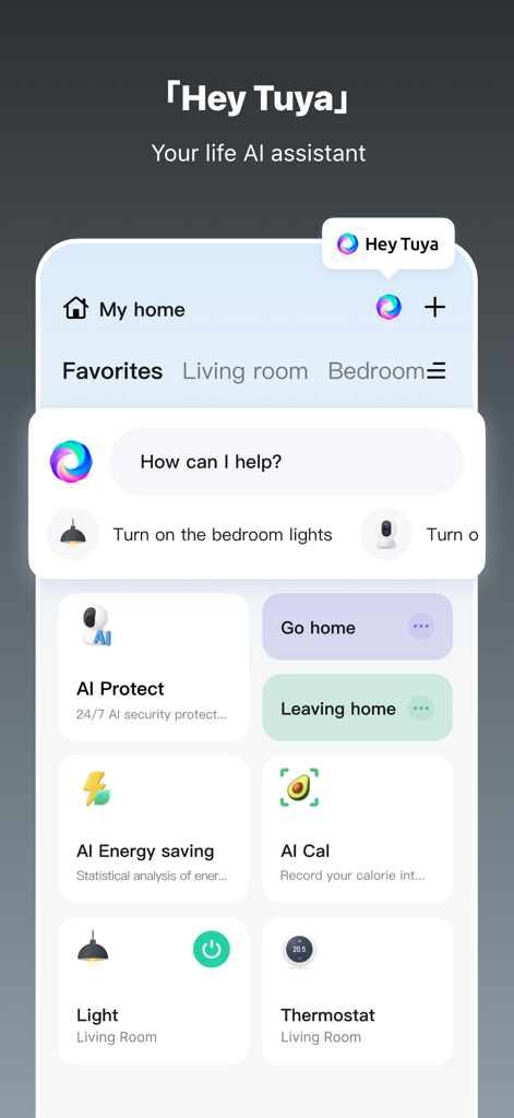 Tuya Smart Life app interface featuring Hey Tuya AI assistant and smart home device controls