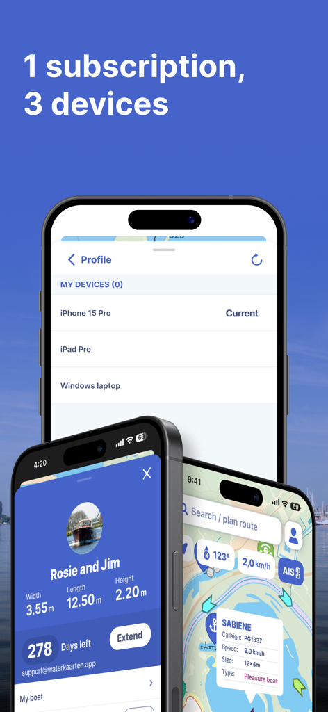 Eine Werbegrafik für die Waterkaarten-App, die ihre Ein-Abonnement-für-drei-Geräte-Funktion auf verschiedenen Smartphone-Bildschirmen zeigt.