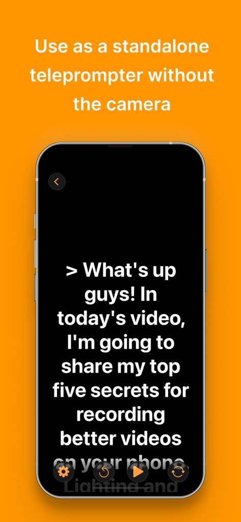 Pure Prompter - Teleprompter - Aplicación móvil Pure Prompter mostrando el modo teleprompter independiente con un guion de video en pantalla