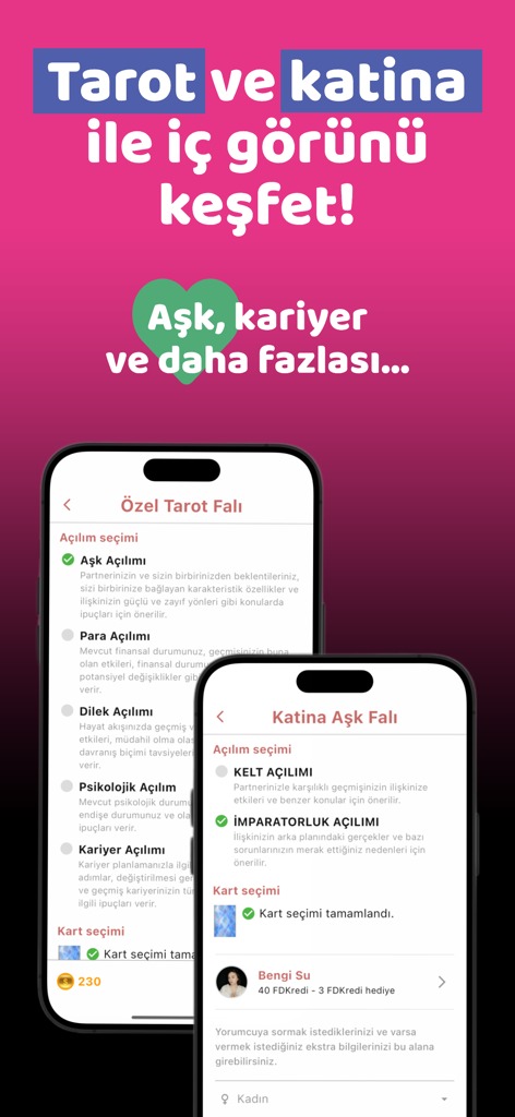 Fal Diyarı - Kahve Falı - Interface de l'application mobile de Fal Diyarı présentant les options de lecture de tarot et de divination amoureuse Katina.