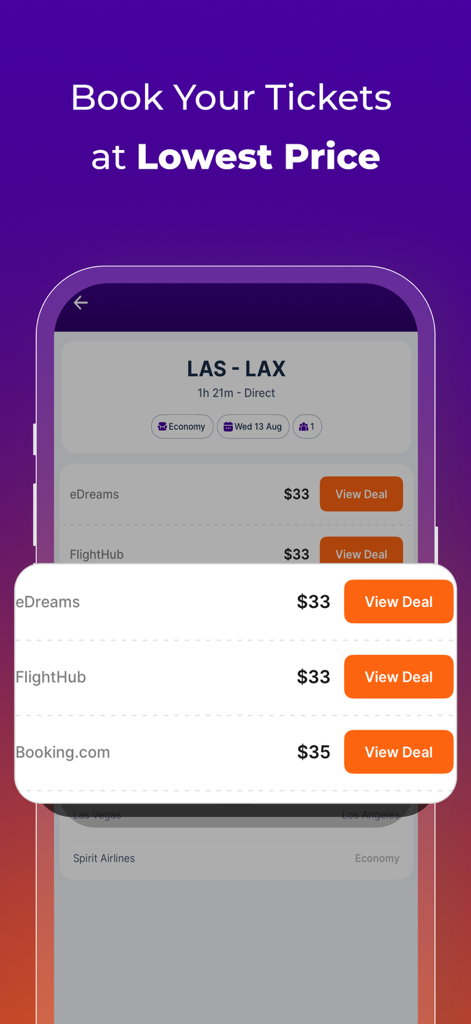 Cheap Flights・Flights70 - A mobile app screen showing flight price comparisons from different travel agencies for a trip from LAS to LAX.