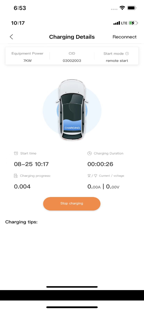 E Charge International - Interface do aplicativo móvel mostrando status de carregamento de veículo elétrico em tempo real, duração e métricas de energia