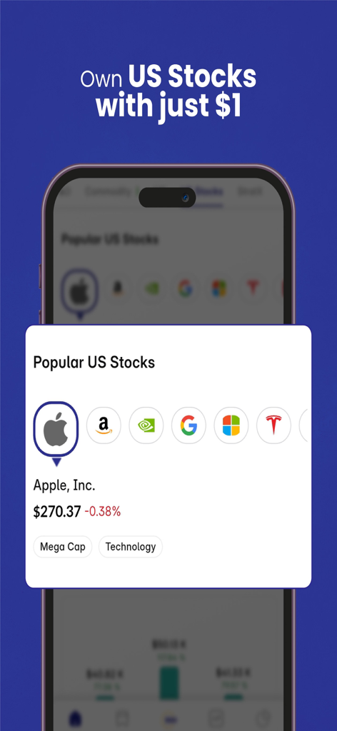 RIISE: Stocks by Motilal Oswal - Mobile app interface for investing in popular US stocks with as little as 1 dollar