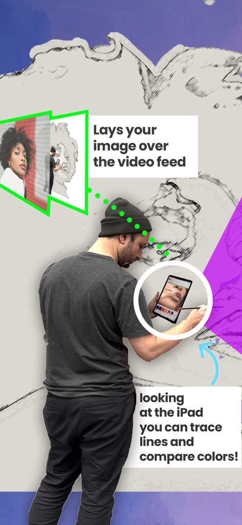 An artist using the Mural Maker app on an iPad to trace and paint a large mural on a wall.