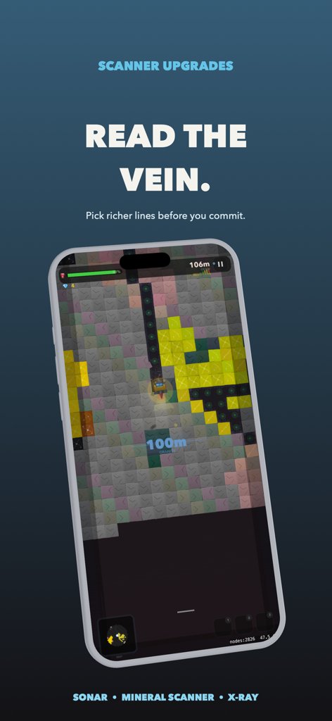 Digline: Cozy Mining - Mobile gameplay of Digline Cozy Mining showing the scanner upgrades interface and a drill navigating through mineral veins