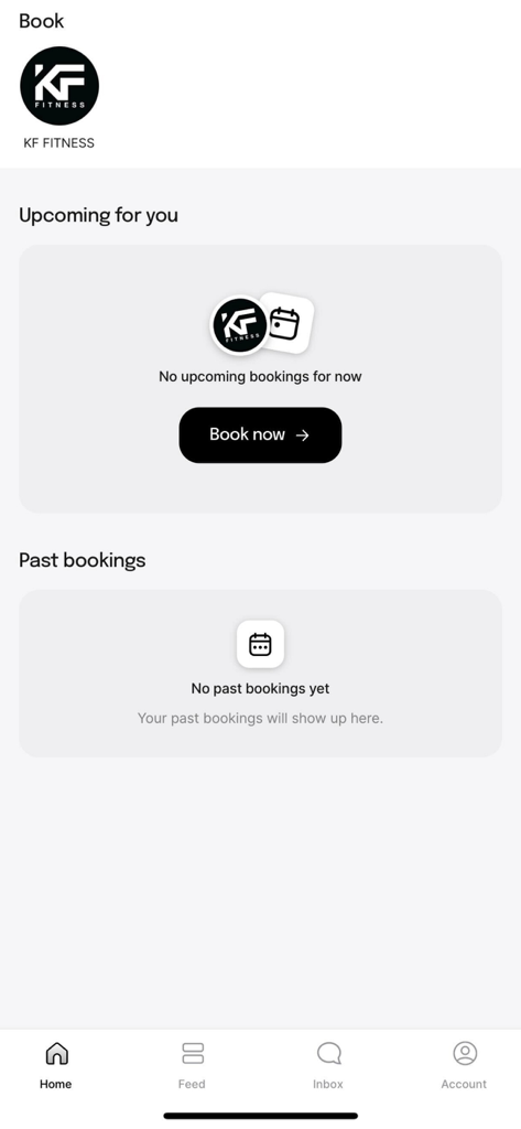 KF Fitness - KF Fitness app home screen displaying sections for upcoming and past class bookings with a book now button