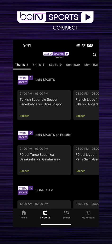 beIN SPORTS CONNECT - TV guide schedule for international soccer matches on beIN SPORTS CONNECT app