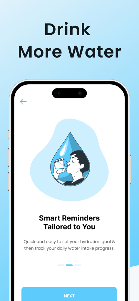 Water Tracker ・ Drink Reminder - Un teléfono inteligente que muestra la pantalla de incorporación de una aplicación de seguimiento de agua con el encabezado Recordatorios Inteligentes Adaptados a Ti y una ilustración de una persona bebiendo agua.