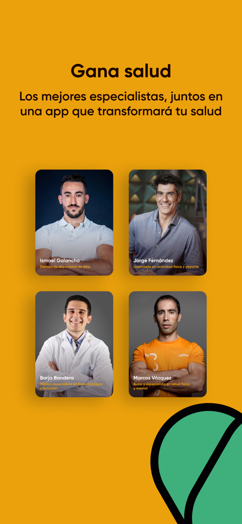 Spotieat - Una pantalla de la aplicación Spotieat que presenta a cuatro expertos en salud y fitness, incluyendo nutricionistas y médicos.