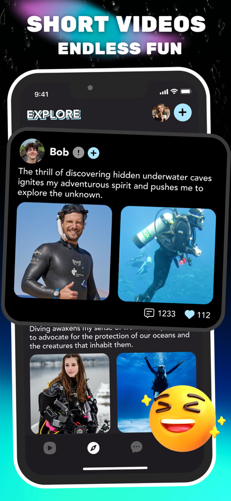 Pantalla de exploración de la app Zingo mostrando fotos y videos cortos de buceo en un feed de redes sociales