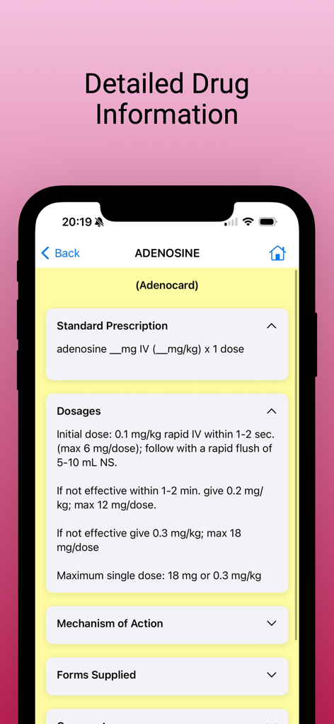 PedMed - PedMed app interface displaying detailed drug information and weight based dosages for Adenosine