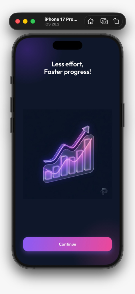 Talkio App - A mobile screen from the Talkio app showing a 3D rising growth chart and the text Less effort Faster progress.