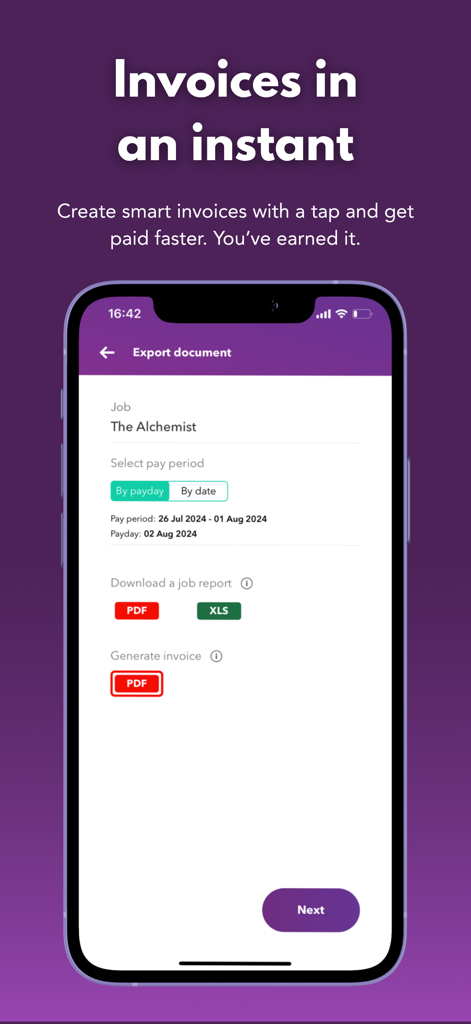 wac - shift & earnings tracker - A mobile screen from the wac app showing options to export job reports and generate invoices for hourly work in PDF or Excel format.