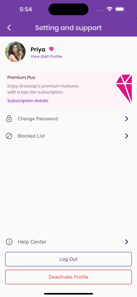 Anuroop - The settings and support screen of the Anuroop matrimonial app displaying profile options and premium subscription details