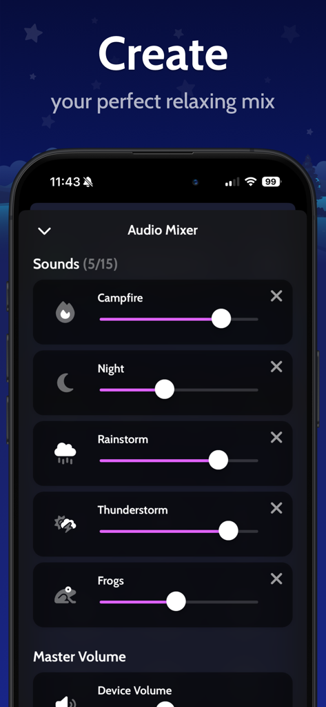 The audio mixer screen of Sleeping Owl app featuring volume sliders for campfire night and rainstorm sounds.