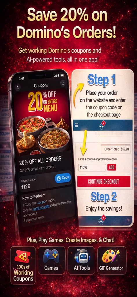 App-Oberfläche mit 20 % Rabatt auf Dominos Pizza Gutscheine und Schritten zur Einlösung von Promo-Codes